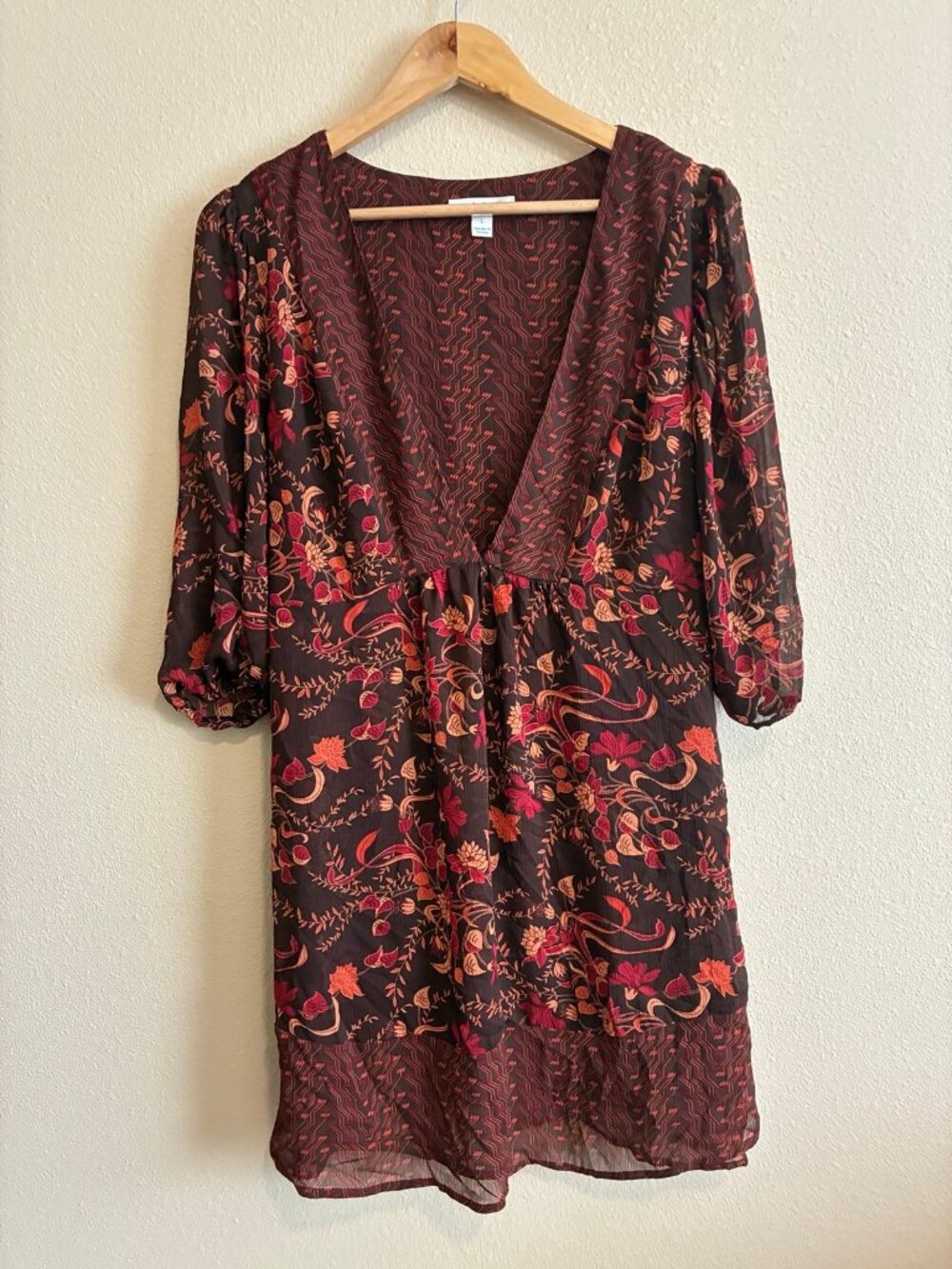 Vintage John Paul Richard Women's Floral Print V-Neck Brown Fall Top Size Large